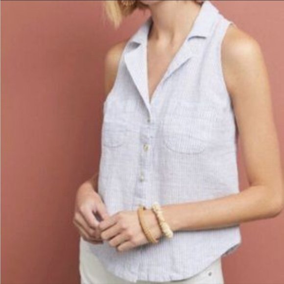 Maeve by Anthropologie Linen Felicity Blue Stripe Tank Top - Picture 1 of 9